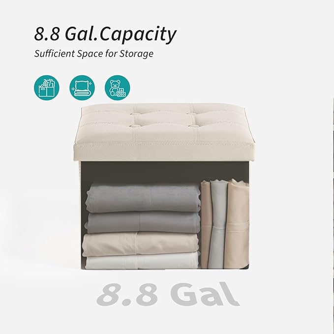 2 Pack Folding Storage Ottoman, 16 inch PU Leather Small Ottoman with Storage Foldable, Set of 2 Faux Leather Foot Stool Support 260lbs for Living Room, Bedroom, Hallway, Cream