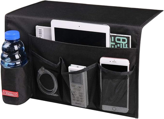 Bedside Caddy,5 Pockets Bedside Organizer Caddy Under Mattress,Holds Water Bottles,Magazines,Books (Black)-NeatNest