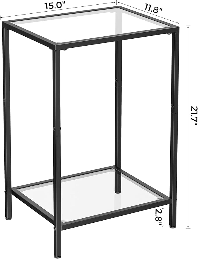 Side Tables Set of 2, End Tables with Tempered Glass, 2-Tier Nightstands with Storage Shelves, Coffee Table with Modern Style, Slim Sofa Table for Living Room, Bedroom, 11.8" D x 15" W, Black