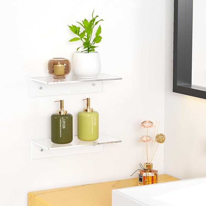 FEMELI 2 PCS 9" Acrylic Floating Shelves, Clear Shelf for Display, Plant, Perfume, Book in Bedroom Living Room Office, 5mm Thick Wall-Mounted Acrylic Shelves for Wall