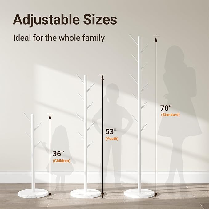 ELYKEN Coat Rack Freestanding with Natural Marble Base, Metal Coat Rack Stand with 10 Hooks, 3 Adjustable Size Coat Tree for Bags, Clothes, and Hats for Entryway, Bedroom, Hallway, Office, White-NeatNest