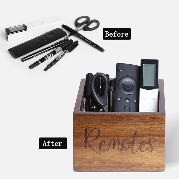 Acacia Wood Remote Control Holder Caddy, TV Organizer for Table, Vintage Farmhouse Desk Caddy (Brown for 3+ Controls)-NeatNest