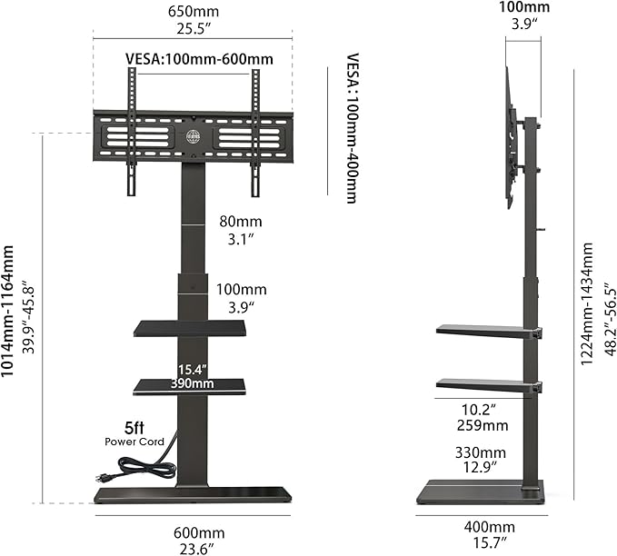 FITUEYES Floor TV Stand for 32-75 inch TV with Power Outlet, Tall TV Mount for Bedroom Living Room with Tempered Glass Base, TV Stand with Mount Holds Up to 88lbs MAX VESA 600x400mm,Black-NeatNest