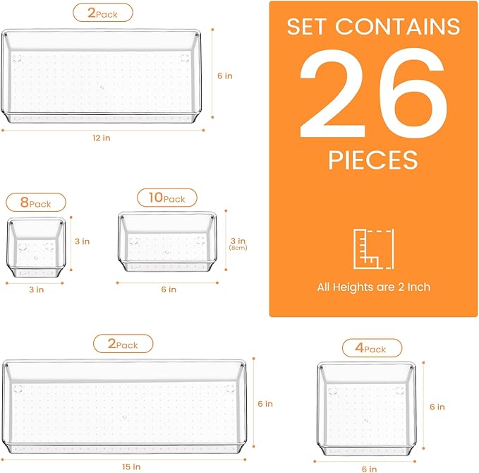 Criusia Drawer Organizer, 26 Pack Clear Plastic Drawer Organizer Bins, Versatile Organization and Storage Trays for Kitchen, Bathroom, Vanity Makeup and Office-NeatNest
