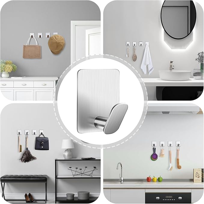 DELITON Towel Hooks for Bathrooms - 8 Pack Adhesive Wall Hooks for Hanging Robe Coat Stick on Hook No Damage SUS 304 Stainless Steel, Silver-NeatNest