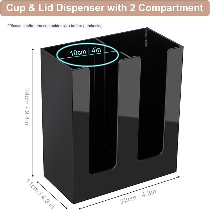MYITYARD Coffee Cup Holder, Cup and Lid Organizer fits 5 to 16 oz Disposable Paper & Plastic Cups, Cup Dispenser Countertop, Coffee Bar Accessories for Bathroom, Kitchen, Office (2 Compartment)