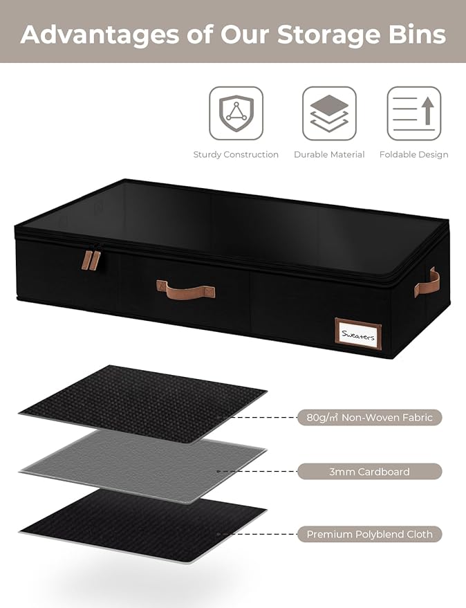 StorageWorks Large Under Bed Storage Containers with Handles and Label Holder, 2 Pack Ultra-thick Fabric Underbed Bins, Closet Organizer for Clothes, Blankets, Sweater-NeatNest