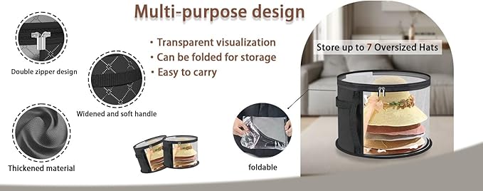 Hat Box Storage for Women – Large Clear Hat Storage Boxes for Wide Brim Sun Hats, Cowboy Hats & Travel – Foldable Hat Organizer Bag with Handles (grey)-NeatNest