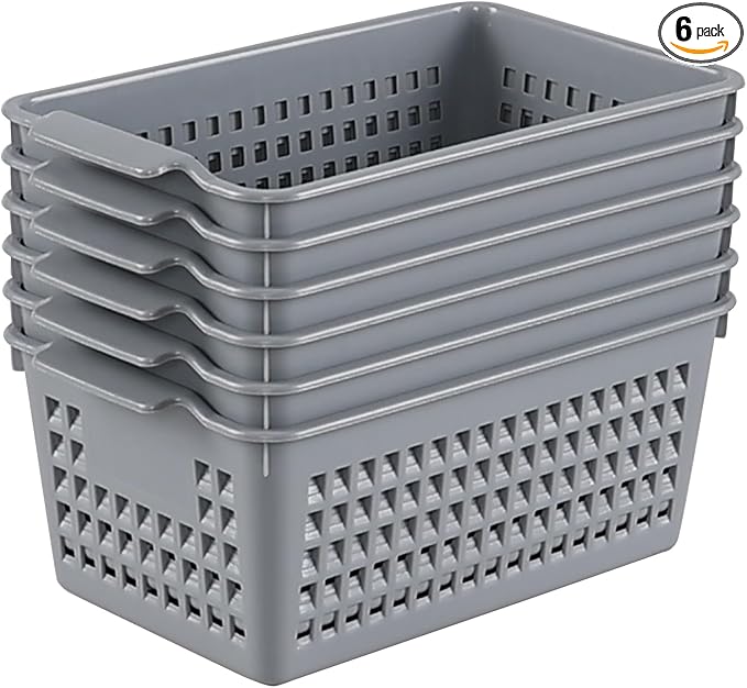 Plastic Storage Baskets, 6 Packs Shelf Kitchen Pantry Organizer Bins, Grey-NeatNest