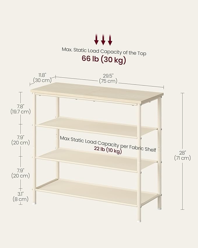 VASAGLE Shoe Rack, 4-Tier Shoe Storage Organizer for Entryway and Closet, Holds 9-12 Pairs of Shoes, 3 Fabric Shelves, Steel Frame, Modern, Natural Beige and Pearl White ULBS035K01-NeatNest
