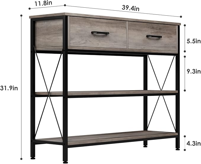 HITHOS Industrial Console Table with Drawers, Vintage Hallway Foyer Table with Storage Shelves, Narrow Long Sofa Entryway Table for Living Room, Grey-NeatNest