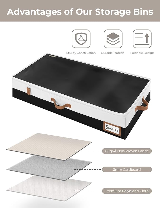 StorageWorks Large Under Bed Storage Containers with Handles and Label Holder, 2 Pack Ultra-thick Fabric Underbed Bins, Closet Organizer for Clothes, Blankets, Sweater-NeatNest