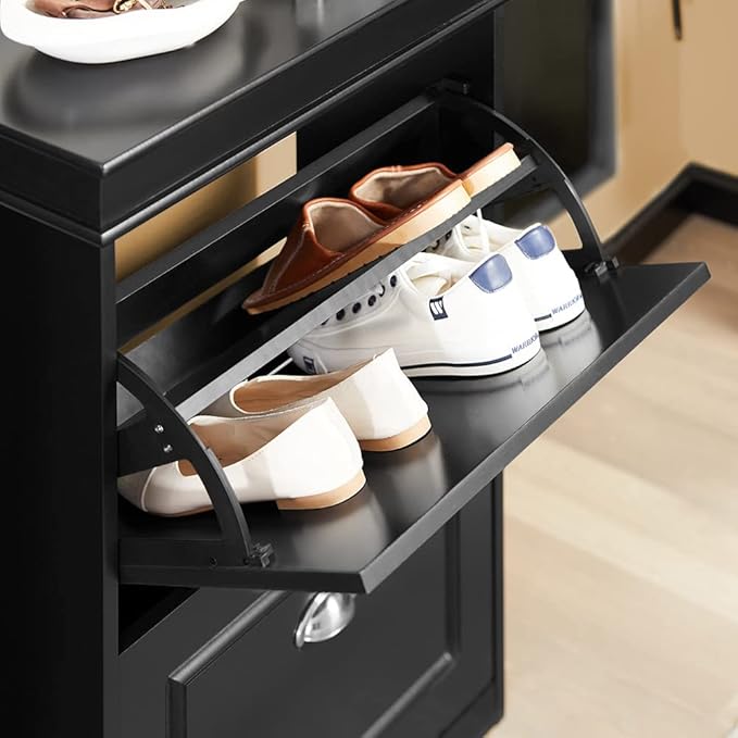 Haotian Small Shoe Cabinet, Black 2 Flip Drawers Freestanding Shoe Rack, Shoe Storage Cupboard Organizer (9.45" D x 20.87" W x 32.28" H), FSR78-SCH-NeatNest