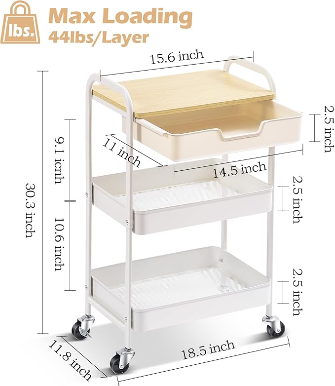 TOOLF 3-Tier Metal Utility Rolling Cart with Drawer and Wooden Table Top, Storage Cart White Trolley Kitchen Organizer Rolling Desk with Locking Wheels for Office, Classroom, Home, Bedroom-NeatNest