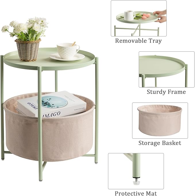 danpinera Round Side Table with Fabric Storage Basket, Metal Side Table Small Bedside Nightstand with Removable Tray Top for Living Room, Bedroom, Nursery, Laundry, Light Green-NeatNest