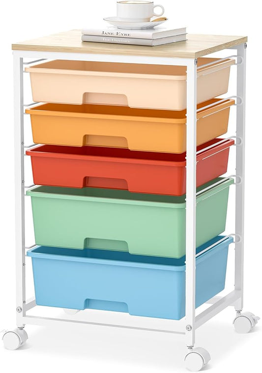 Craft cart,Rolling Cart with Drawers,Storage Cart with 5 Drawers and Wooden Tabletop for Under Desk Organizers and Storage,Macaron-NeatNest