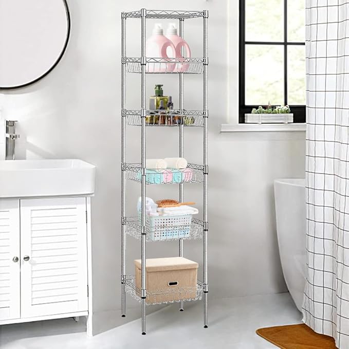 6 Tier Narrow Wire Shelving Unit with Basket, Adjustable Narrow Metal Shelf with Hooks, Tall Narrow Storage Shelves for Small Spaces, Bathroom, Laundry, Kitchen, 13.5"D X 13.5"W X 63"H, Silver