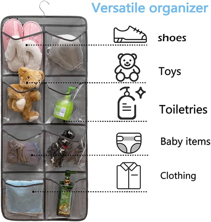 Dual-Sided Hanging Closet Organizer for Socks Underwear Bra Kids Storage Organizer for Baby Clothes Toddler Shoes with 26 Pockets (Grey-Clear Pockets)-NeatNest