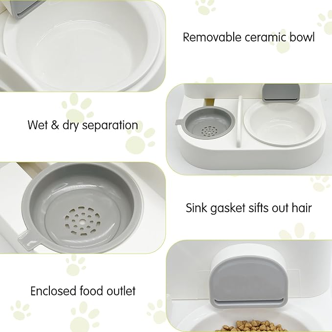 Fhiny Gravity Cat Feeder and Water Dispenser, 2 in 1 Gravity Feeder Cat Dry Food & Waterer Removable Ceramic Bowl Pet Food Storage Self Feeding Station for Indoor Cat Kitten Puppy Easy Clean (Grey)-NeatNest