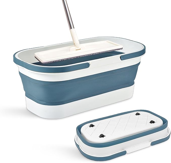 14L(3.7 Gallon) Collapsible Plastic Bucket with Wheels for House Cleaning, Multi-Purpose Rectangular Handy Basket for Cleaning Mop, Camping, RV (14L-Blue)-NeatNest