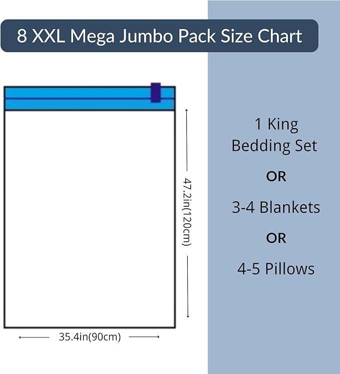 8 Mega Jumbo XXL Vacuum Storage Bags with Pump, Supersized Compression Space Saver for Comforter, duvet, Bedding, Blanket storage, Vacuum Seal Bags for Clothing, Durable Safe Poly Material-NeatNest