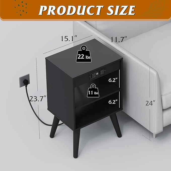 WLIVE Black Nightstand, Night Stand with Charger Station, Bedside Tables, Side Table with Storage Shelf, End Table with USB Ports and Outlets for Bedroom, 15.12" D x 11.73" W x 23.74" H