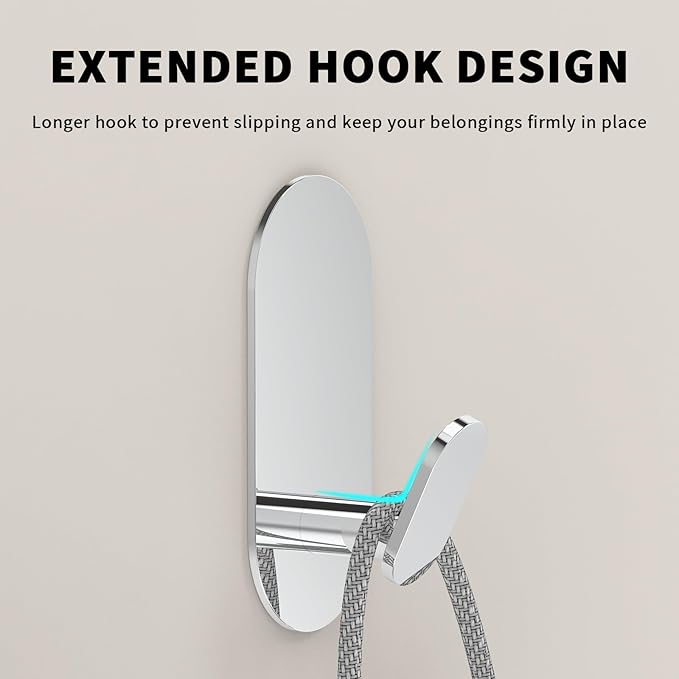 Adhesive Towel Hooks for Bathrooms 4 Pack Polished Chrome Stainless Steel and Zinc Alloy Sticky Wall Hooks for Hanging Heavy Duty Self Adhesive Robe Shower Hanger for Kitchen, Closet, Cabinet, Door