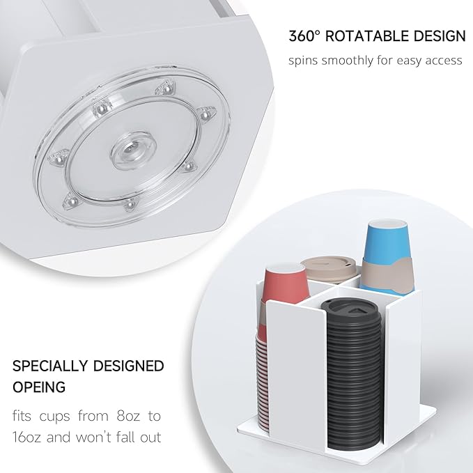 Cup and Lid Holder, 4 Compartment, Square | Rotating Coffee Cup Dispenser Lid Carousel for Restaurant, Buffet, Coffee Station, Bar, Countertop, White Acrylic-NeatNest