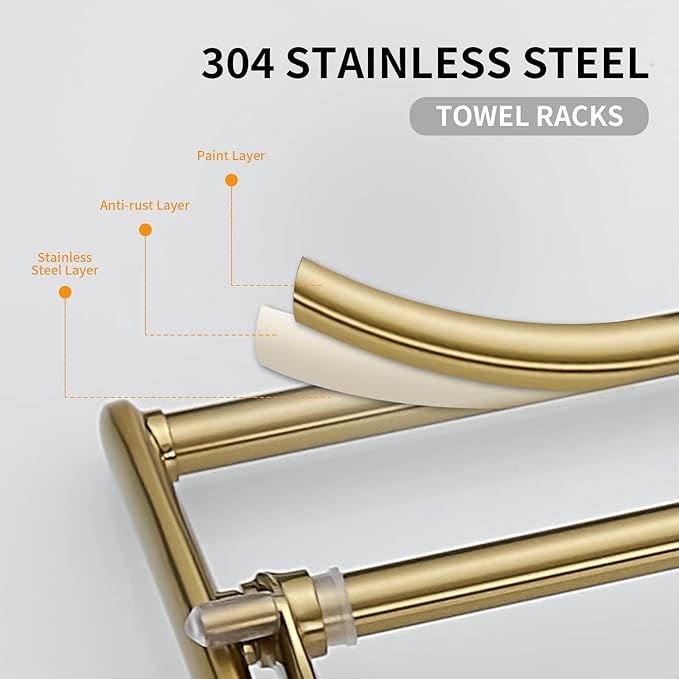 BESy 24 Inch Brushed Gold Towel Racks, Bathroom Towel Shelf with Foldable Towel Bar Holder and Towel Hooks, Wall Mounted Multifunctional Bathroom Accessories, Double Towel Bars-NeatNest