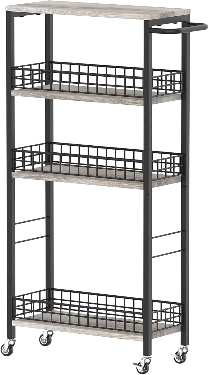 4 Tier Slim Storage Cart Narrow Laundry Cart on Wheels Utility Kitchen Rolling Cart with Wood Tabletop Mobile Shelving Unit Bathroom Storage Organizer Slide Out Rolling Tower for Narrow Spaces-NeatNest