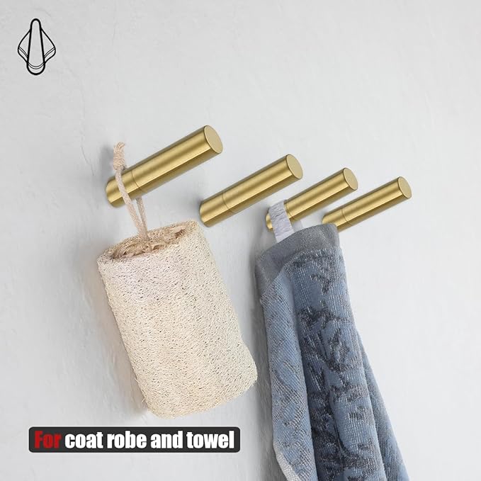 JQK Wall Hooks Gold, 304 Stainless Steel Coat Hooks Wall Mounted for Robe Hat Clothes Hanger Towels, Brushed Gold 4 Pack, RH120-BG-P4