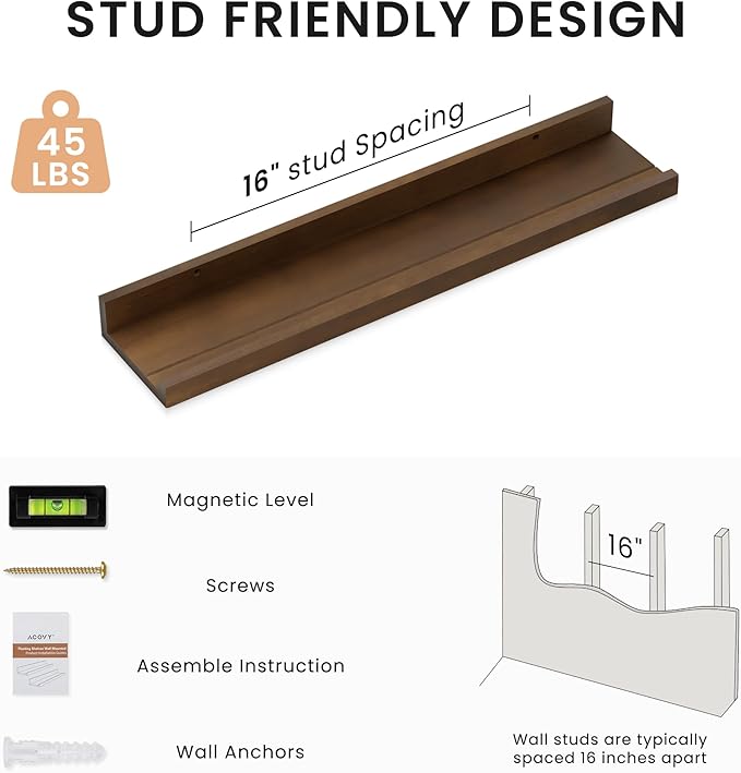 Floating Shelves for Wall, 24 inch Solid Wood Picture Ledge Shelf, Picture Shelf for Wall with Ledge, Floating Book Shelves for Living Room Bedroom Kitchen Nursery Decor, Walnut, Set of 2-NeatNest