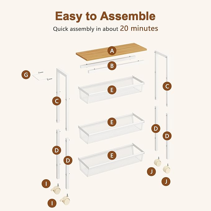 Hoctieon Slim Rolling Storage Cart, 4-Tier Narrow Kitchen Storage Cart with Handle & Wheels, Mobile Shelving Unit, Wooden Top & Metal Frame, Utility Cart for Kitchen, Small Spaces, Oak Beige