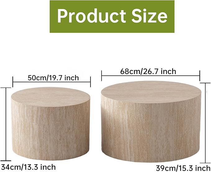 Round Nesting Coffee Tables Modern Travertine Coffee Table Small Round Coffee Tables Circular Side Table Accent End Table Nested Coffee Table Set for Living Room (Travertine Large)