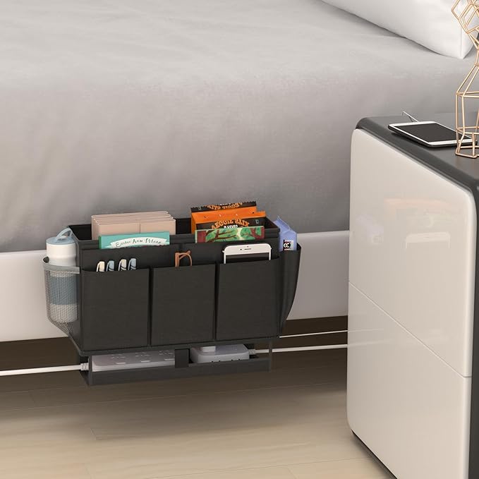 Bedside Caddy, Bed Organizer with 11 Pockets and Power Strip Holder,Versatile Bedside Storage Caddy for Home,Dorm,Bunk,Hospital,Crib Bed (2 Pack Black)-NeatNest