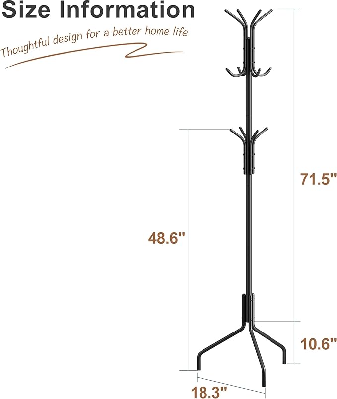FILWH Coat Rack Freestanding Coat Tree Standing Coat and Hat Hanger Jacket Organizer Rack Metal,18.3" L x 18.3" W x 71.5" H, Black-NeatNest