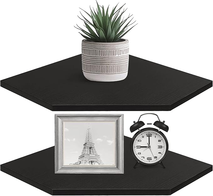 Homode Corner Shelf Wall Mount, Set of 2 Corner Floating Shelves with Wire Hole for TV, Cable Box, Wood Hanging Storage Shelf Organizer for Bathroom Kitchen Living Room Bedroom, Black-NeatNest
