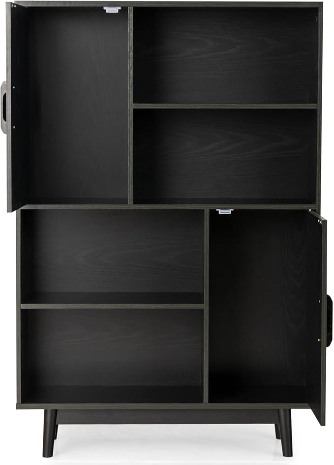 Giantex Storage Cabinet with Legs, Floor Cabinet with Doors, Shelves, Anti-Tipping Device, 4-Tier Bookshelf for Books & Photos, Tall Cupboard in Living Room, Kitchen Buffet Sideboard (Black)