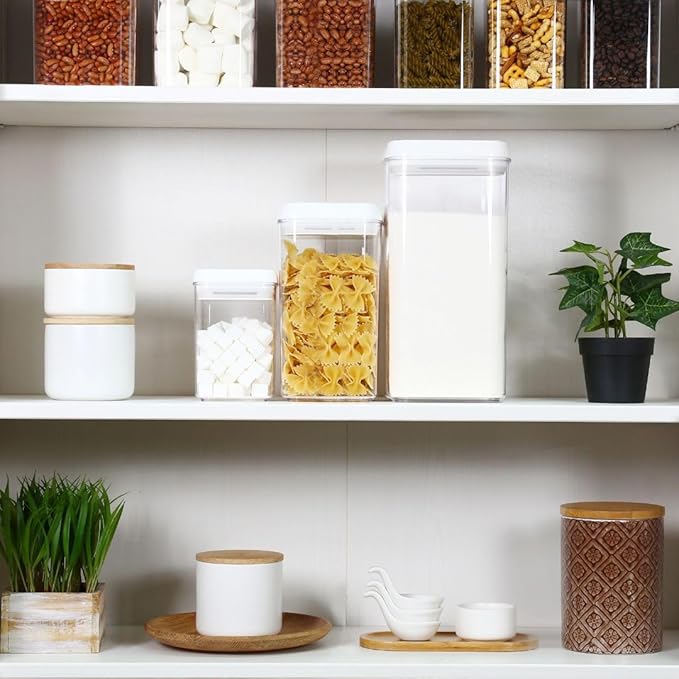 Felli Flip Tite Acrylic Food Storage Container with Lid 6” XL Air Tight Ring Seal Flip Top, Plastic Kitchen Baking Canister for 5 lb Flour Sugar Rice Protein Powder Pantry Organizer (Nest-M, White)-NeatNest