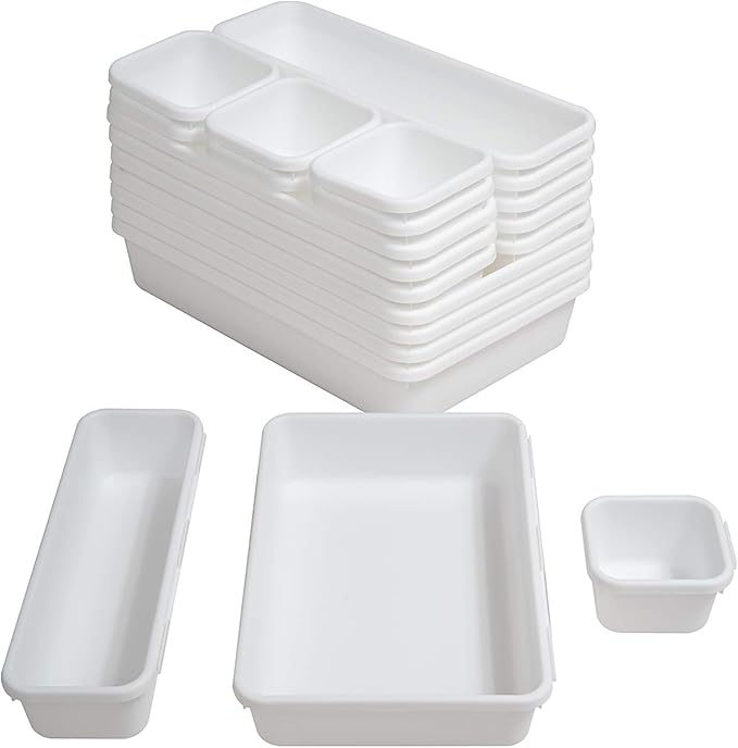 BYCY 18 Pcs White Drawer Organizers Trays Set Drawer Dividers for Kitchen Office Bathroom, Interlocking Bin Pack (18 Pieces)-NeatNest
