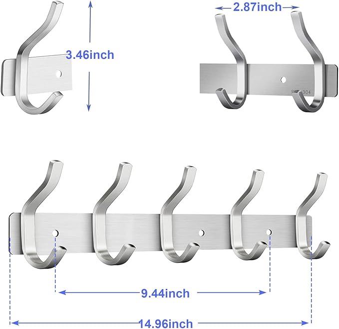 AZW Coat Rack Wall Mount,Heavy Duty Stainless Steel Metal Coat Hooks Hanging for Robes Bags Keys Hat Clothes and Bathroom Door Towels Hanger(Brushed Silver Nickel 5 Hooks-NeatNest