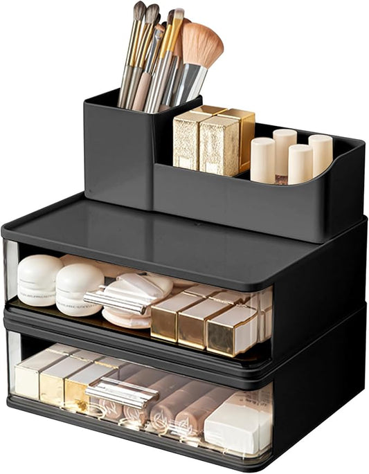DASITON Makeup Organizer for Vanity with 2 Drawers, Stackable Cosmetic Organizer with Makeup Brush Holder, Plastic Bathroom Organizer Skincare Storage for Brushes, Eyeshadow, Lotions, Lipstick (Black)-NeatNest