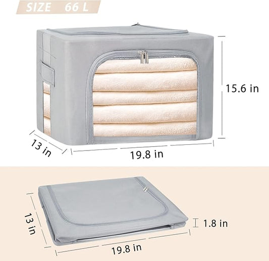 Clothes Storage Box Bins Stackable Foldable Organizer,Sturdy Handles with Metal Frame for Clothing Bedding Shelves,Closet Container with Clear Window Zipper and Label Holder (Gray, 66L x3 Pack)-NeatNest