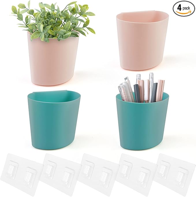 4 Pack Wall Caddy Pen Holders, Pink & Green Pencil Cups Organizer for Marker/Remote/Crayon/White Board, with Adhesive Stickers, Office Craft Class Kids Room Art Rolling Cart Hanging Cups