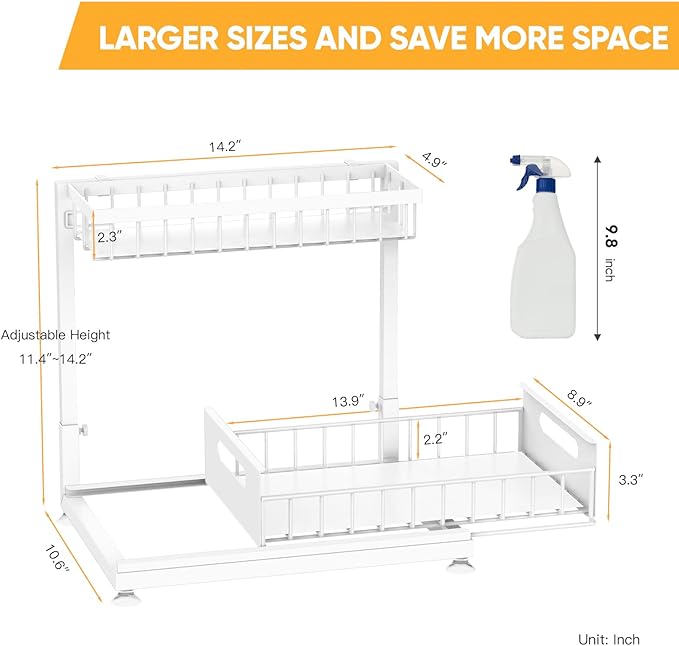 2 Pack Under Sink Organizer Storage 2-Tier Premium Metal Pull-Out Racks, Height Adjustable, Easy Installation | Kitchen & Bathroom Organizers White-NeatNest