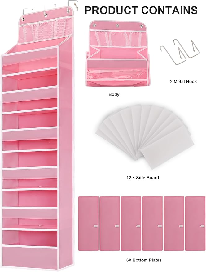 Over Door Hanging Organizer, No Tilt Baby Closet Organizer for Diaper Kids Toys Storage, Newborn Essentials Nursery Bathroom (6 Tier Pink)
