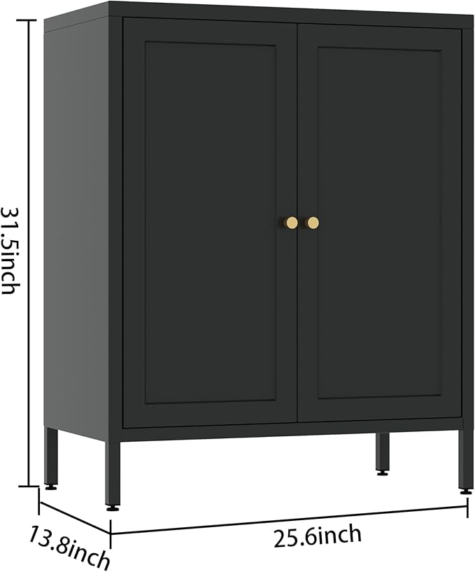 2 Door Metal Accent Cabinet, Small Sideboard, Locker Style Accent Storage Cabinet with Doors and Adjustable Shelves for Home, Office, Living Room, Kitchens (Square Door, Black)