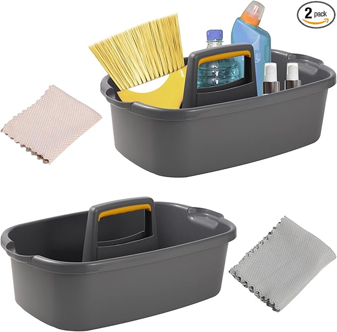 Cleaning Supplies Caddy Organizer with Handle Plastic Tool Storage Basket for bathroom, Kitchen, Under Sink,2 Pack with 2Pack Microfiber Cleaning Cloths,Gray