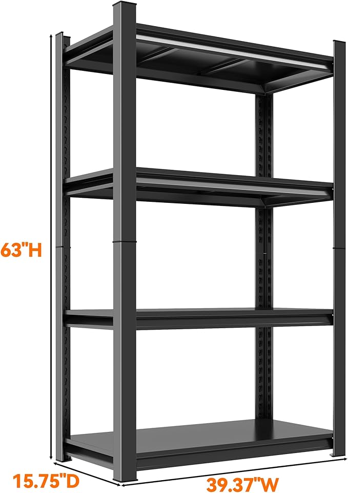 4-Tier Heavy Duty Metal Garage Shelving Units, Adjustable & Detachable Storage Shelves, Industrial Steel Rack Shelf for Garage Storage, Tools, & Equipment (Black-63.00H*39.37W, 15.75D-4Tier)