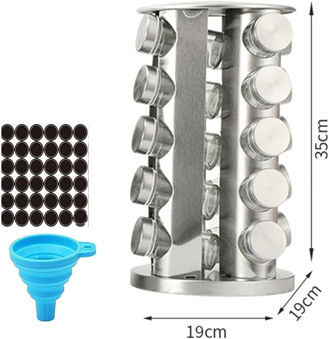 Spice rack-Revolving Spice Rack Set, Kitchen Spice Tower Organizer for Countertop or Cabinet -Desktop Rotating Seasoning Organizer(Stainless Steel) (Silver, 20-Jar)